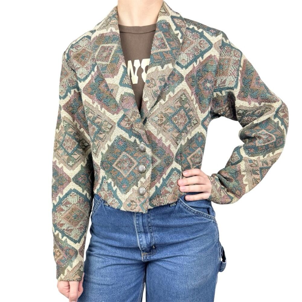 Vintage 80s Cottagecore Grannycore Tapestry Button Front Crop Jacket Blazer‎ XS